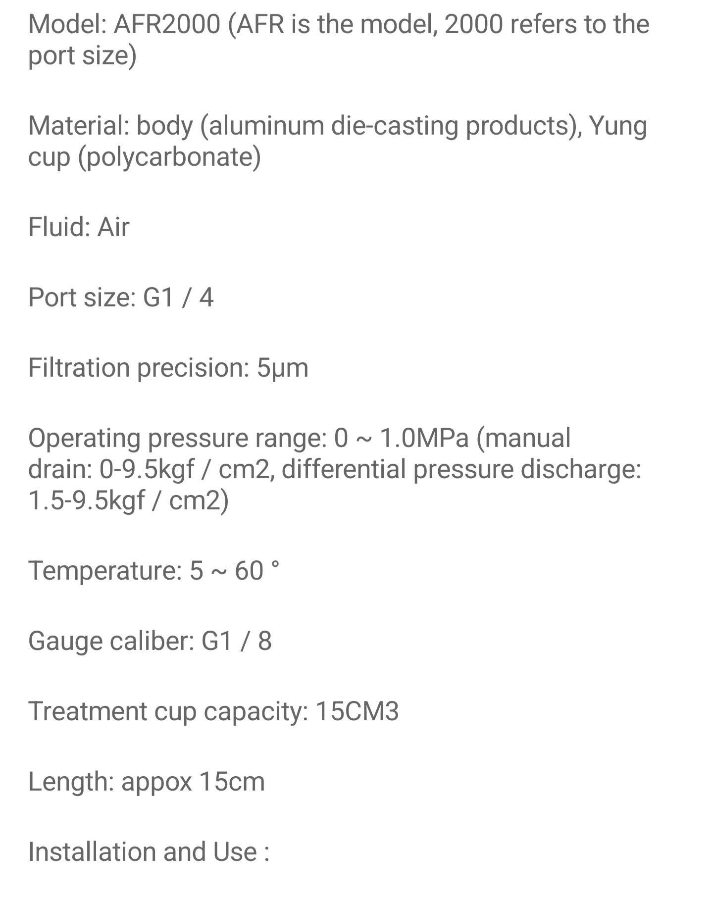 In-line Water - Air Filter seperator AFR2000 Compressor regulator